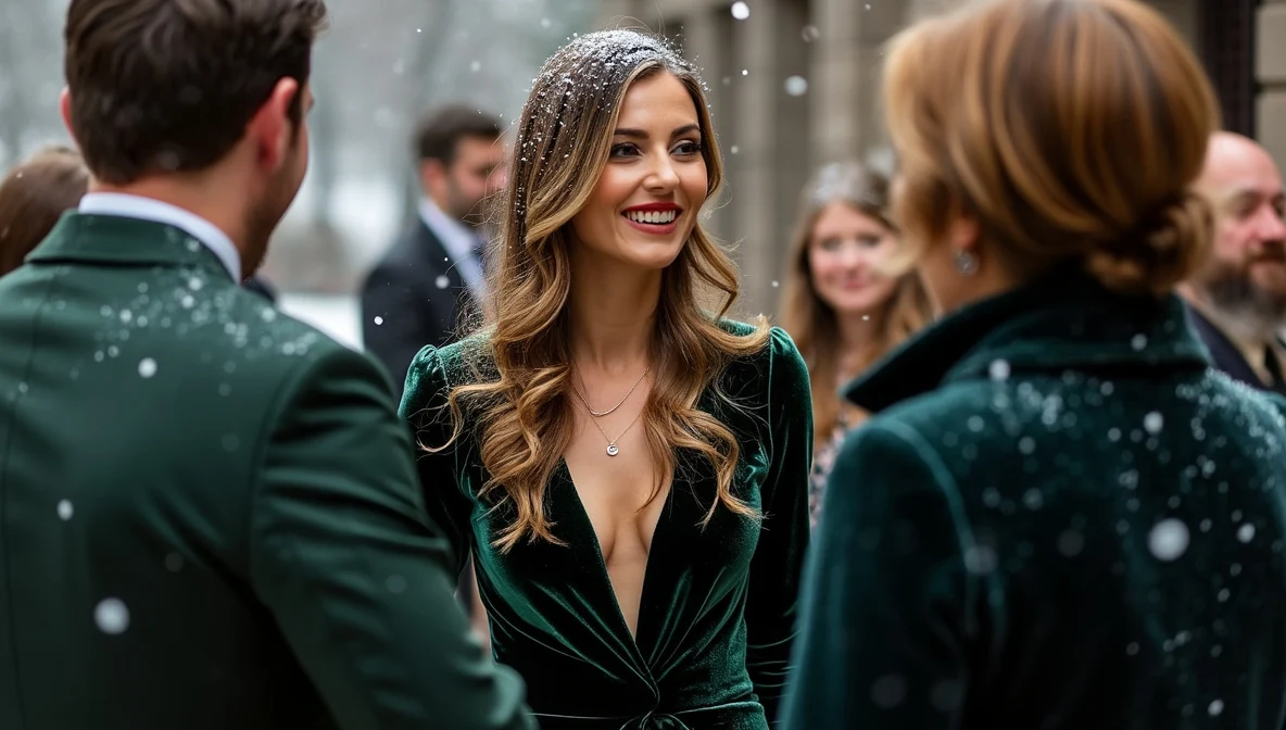 Femme vêtue d'une robe en velours émeraude avec un blazer en laine, idéale pour un mariage en hiver en 2024