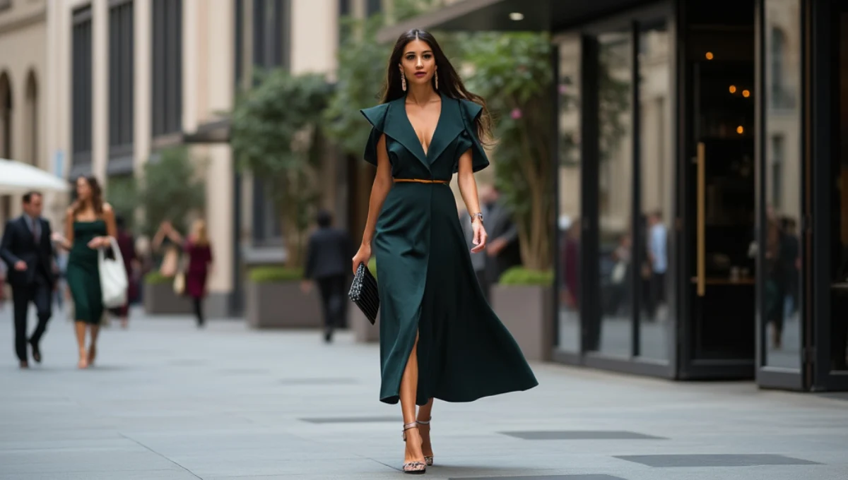 Femme élégante en robe midi tailleur chic avec des accessoires modernes, parfaite pour un mariage en ville en 2024