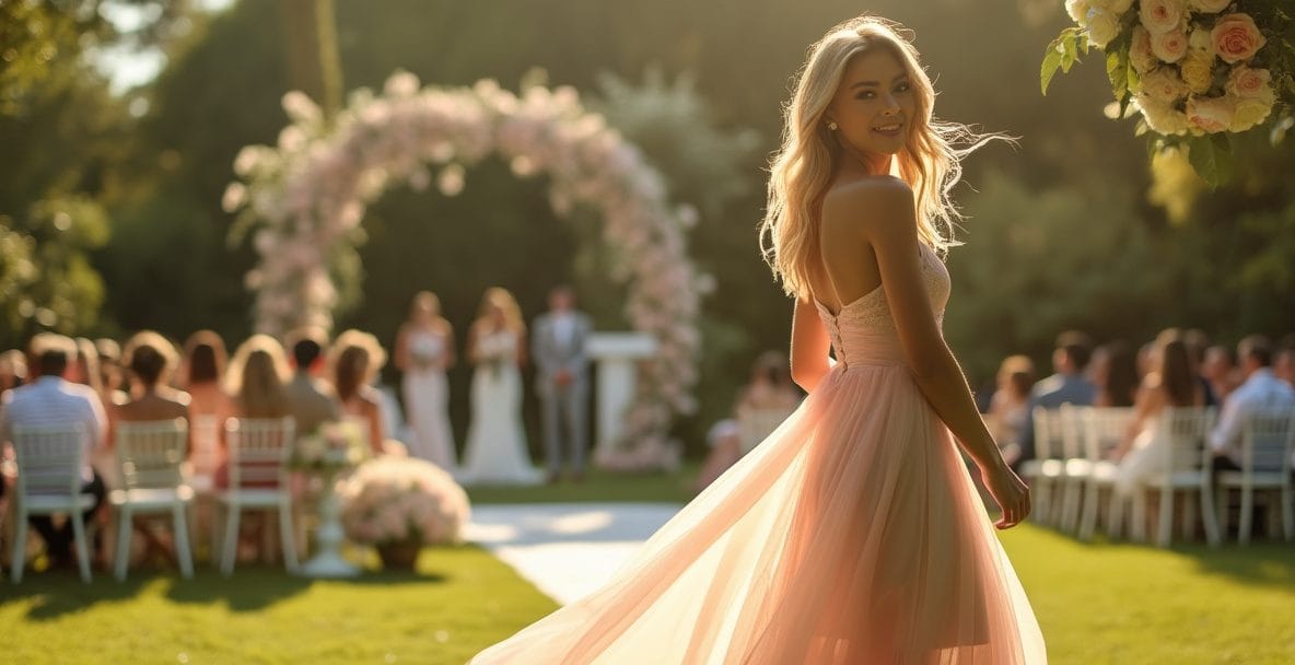 Femme élégante en robe d'été Zara et H&M lors d'un mariage, avec une ambiance chaleureuse et romantique, capturant des émotions de joie et anticipation dans un cadre extérieur chic.