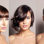 Femme au visage ovale avec différentes coiffures, du carré court aux cheveux longs ondulés