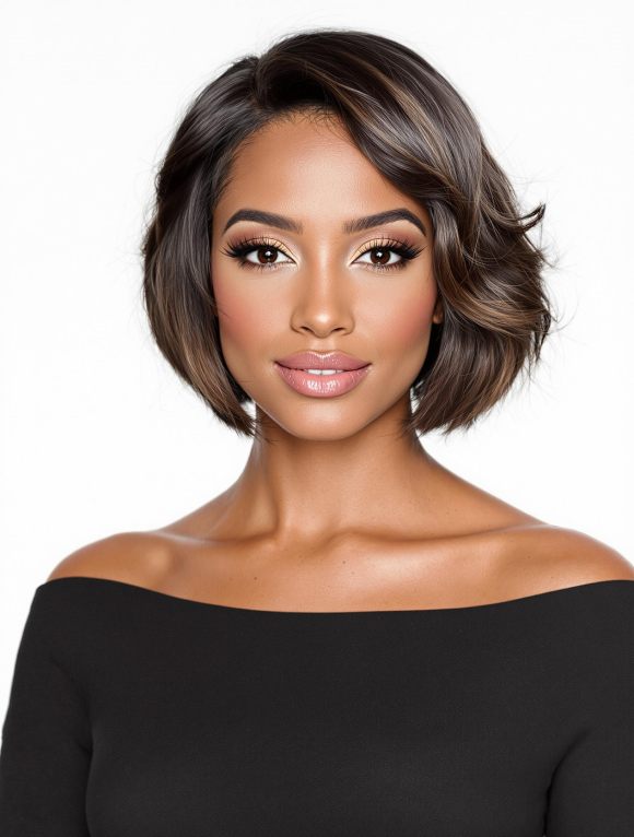 Femme au visage ovale avec différentes coiffures, du carré court aux cheveux longs ondulés