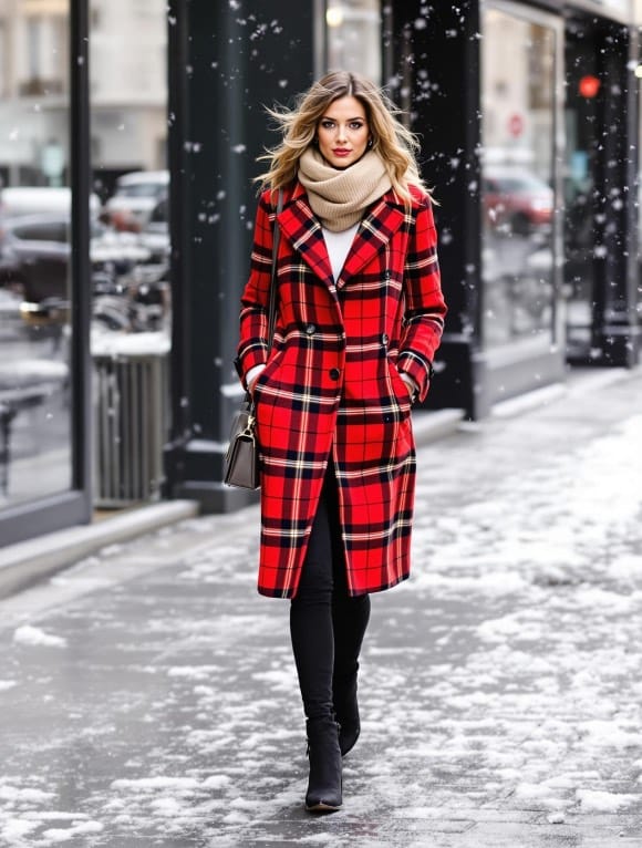 Femme portant un manteau long imprimé à carreaux, créant un look chic et audacieux pour l’hiver 2024-2025