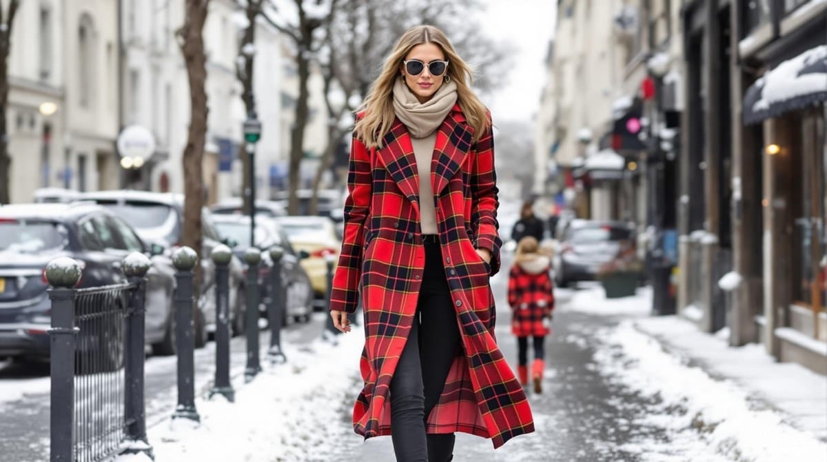 Femme portant un manteau long imprimé à carreaux, créant un look chic et audacieux pour l’hiver 2024-2025