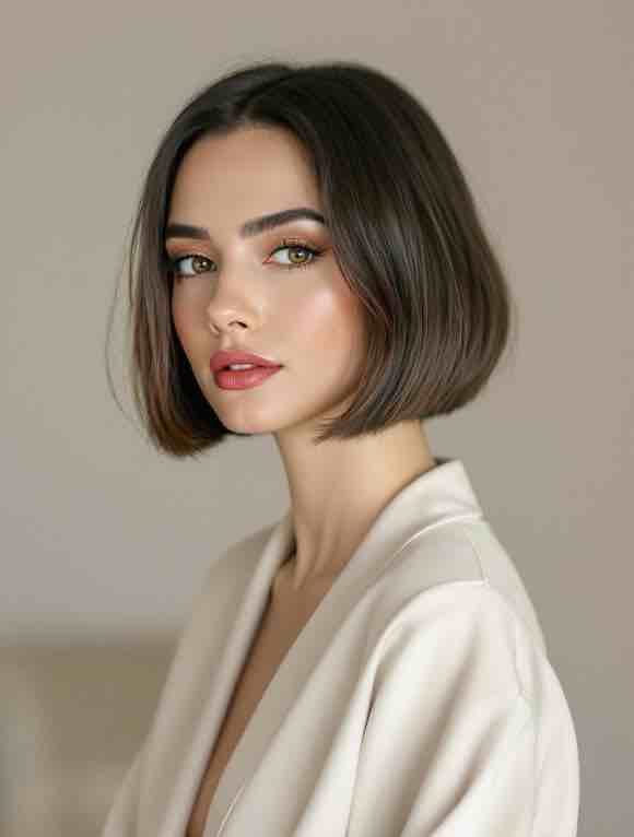 Femme élégante avec un visage ovale, coiffée d’un carré chic, maquillage naturel et accessoires délicats, dans un cadre lumineux