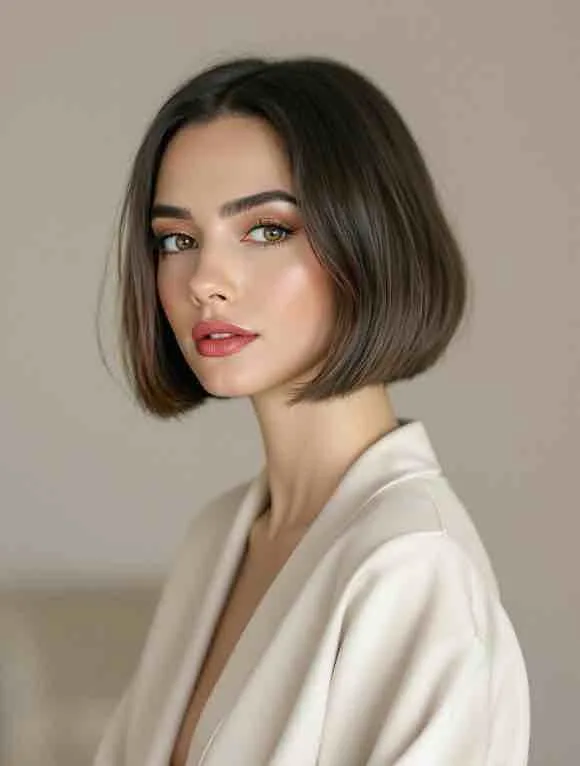 Femme élégante avec un visage ovale, coiffée d’un carré chic, maquillage naturel et accessoires délicats, dans un cadre lumineux
