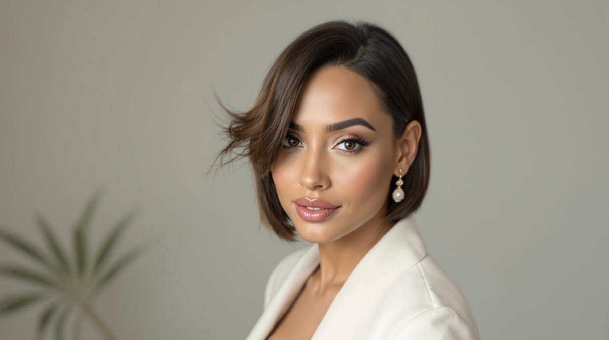 Femme élégante avec un visage ovale, coiffée d’un carré chic, maquillage naturel et accessoires délicats, dans un cadre lumineux