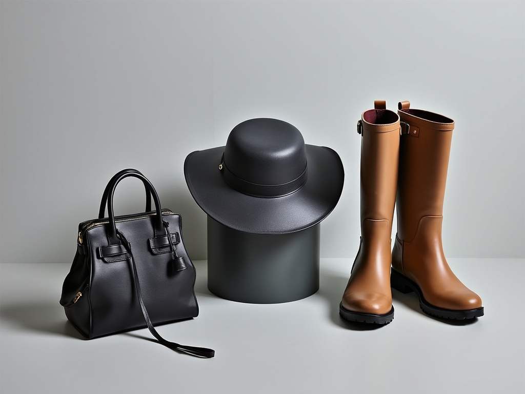 Sélection d'accessoires anti-pluie chics, incluant un sac imperméable, un chapeau de pluie, et des bottines élégantes