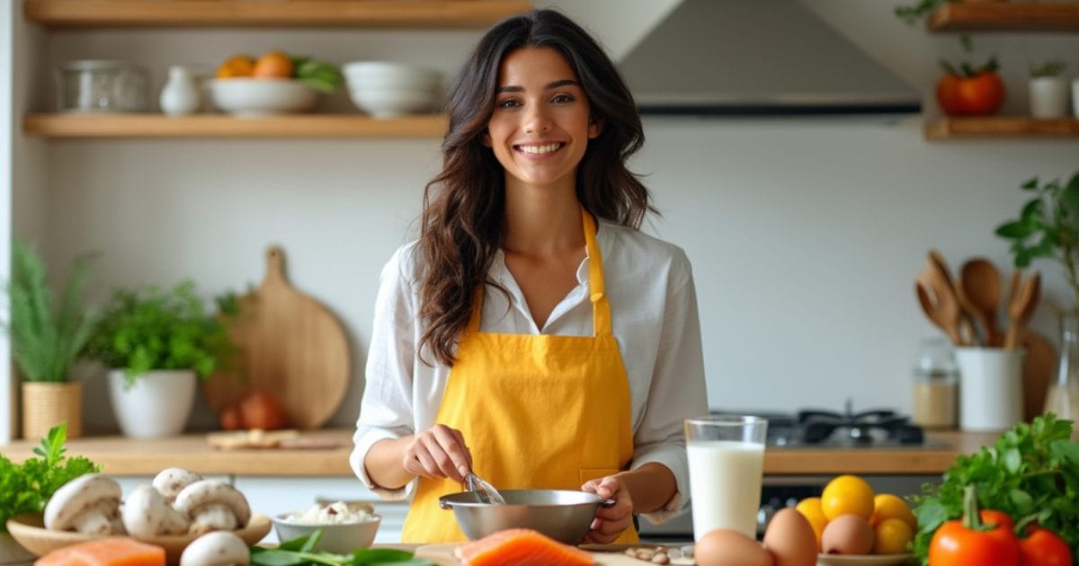 Femme souriante cuisinant avec des aliments riches en vitamine D, comme le saumon, les champignons, les œufs et un verre de lait, dans une cuisine lumineuse