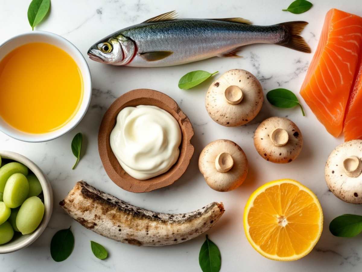 Aliments riches en vitamine D, comprenant du saumon, sardines, œufs, produits laitiers enrichis et champignons, pour une alimentation saine