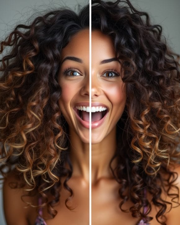 Image avant et après d’une femme avec des cheveux bouclés, montrant le contraste entre des boucles frisées et des boucles bien définies, avec une expression surprise et ravie.