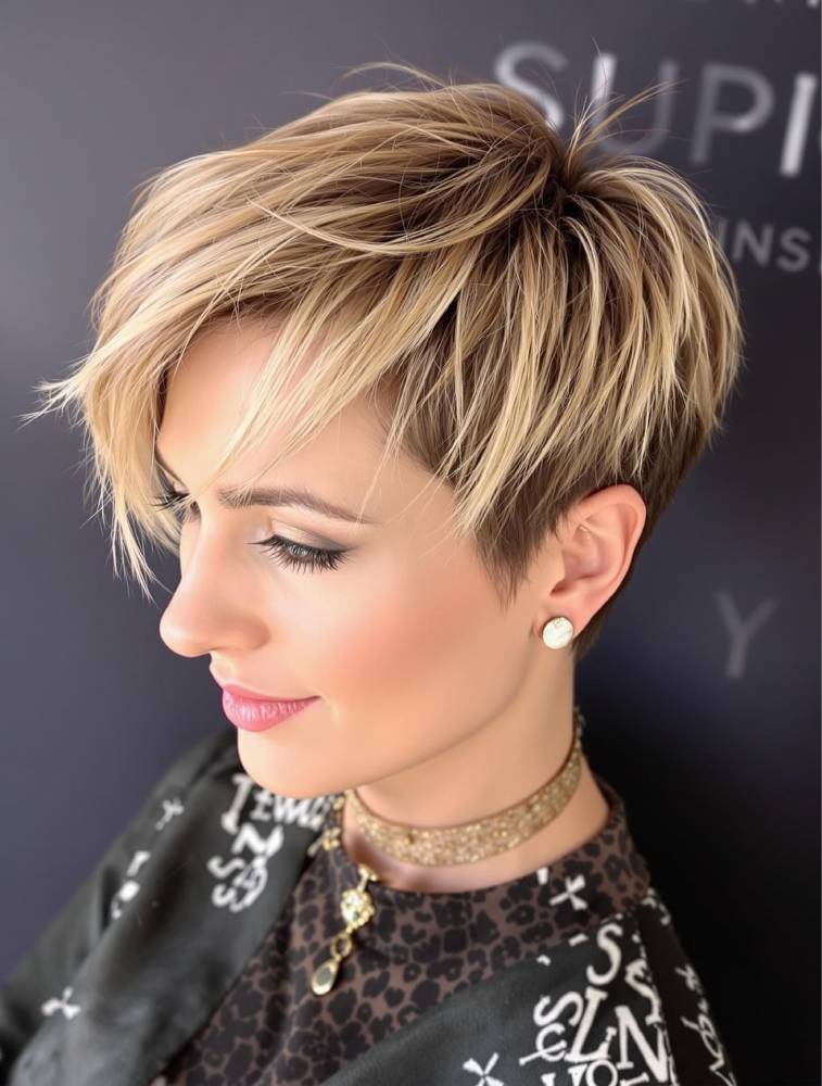 Femme avec une coupe courte moderne et des mèches miel lumineuses