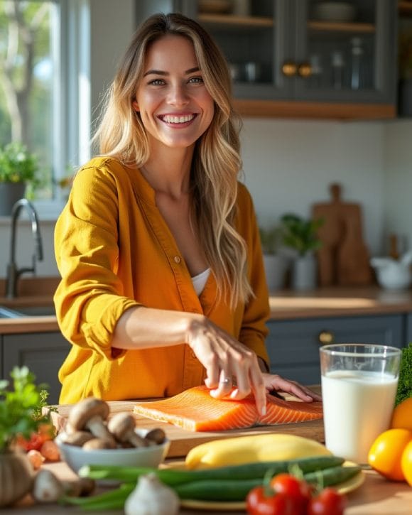 Femme préparant des aliments riches en vitamine D, y compris du poisson et des œufs, pour une cuisine saine et équilibrée