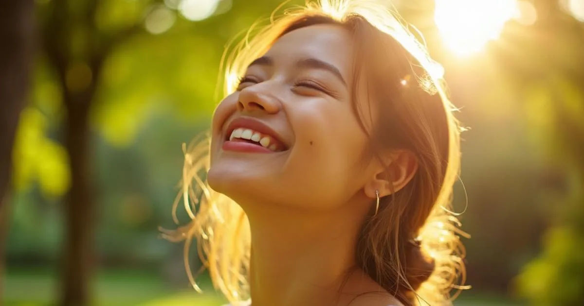 Femme heureuse profitant du soleil pour les bienfaits de la vitamine D, santé et bien-être naturels en plein air