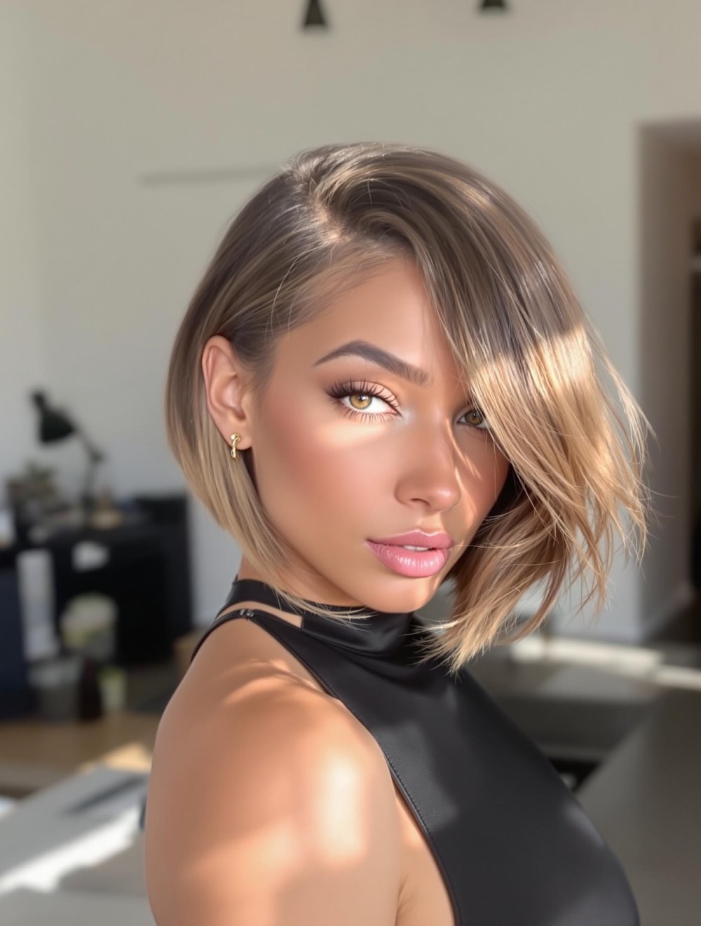 Femme au visage rond avec un carré dégradé, coiffée avec une raie sur le côté, pour un look élégant et moderne.