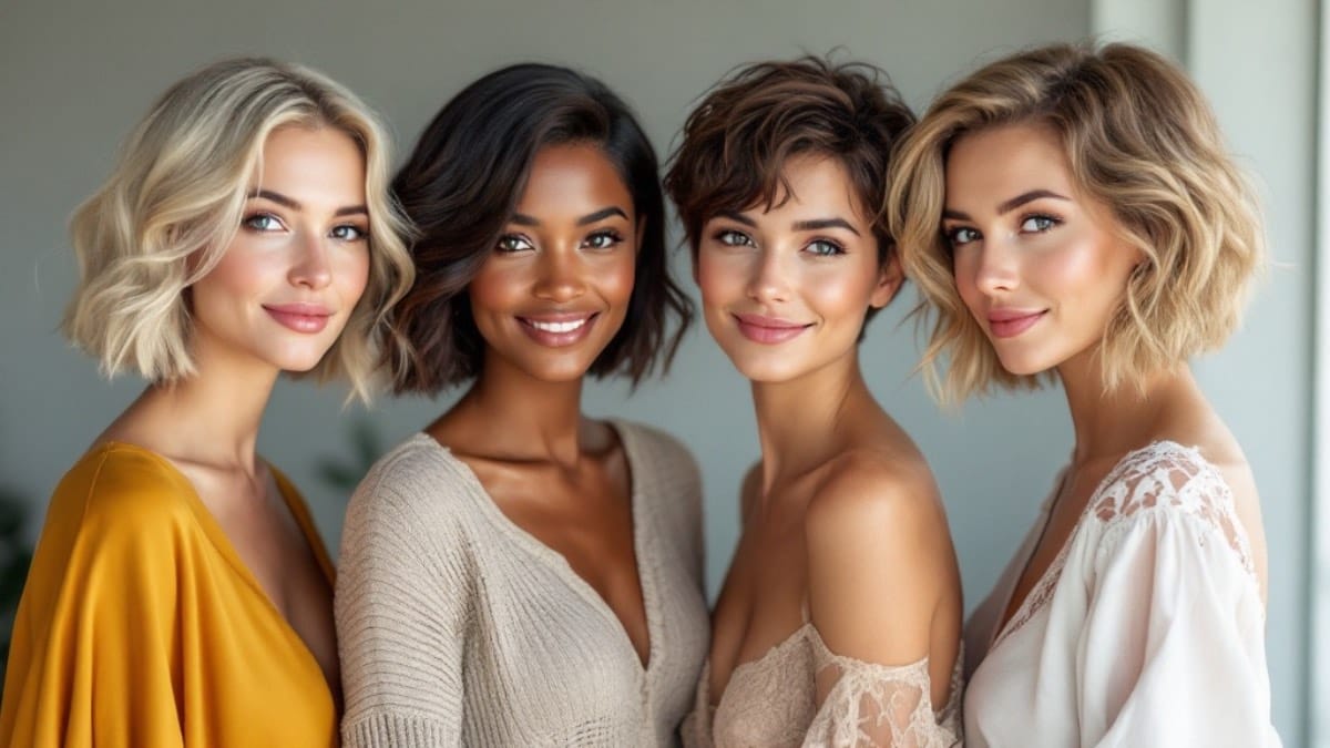 Femmes de styles variés avec des coupes de cheveux courtes, représentant les tendances de carré court inspirées par Adriana Karembeu et Monica Bellucci