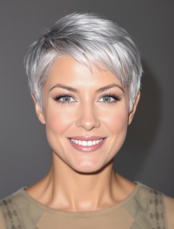 Femme élégante avec une coupe pixie et des cheveux gris argentés, mettant en valeur son style moderne