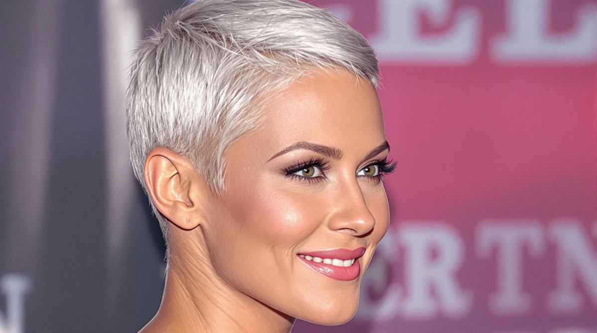 Femme élégante avec une coupe pixie et des cheveux gris argentés, mettant en valeur son style moderne