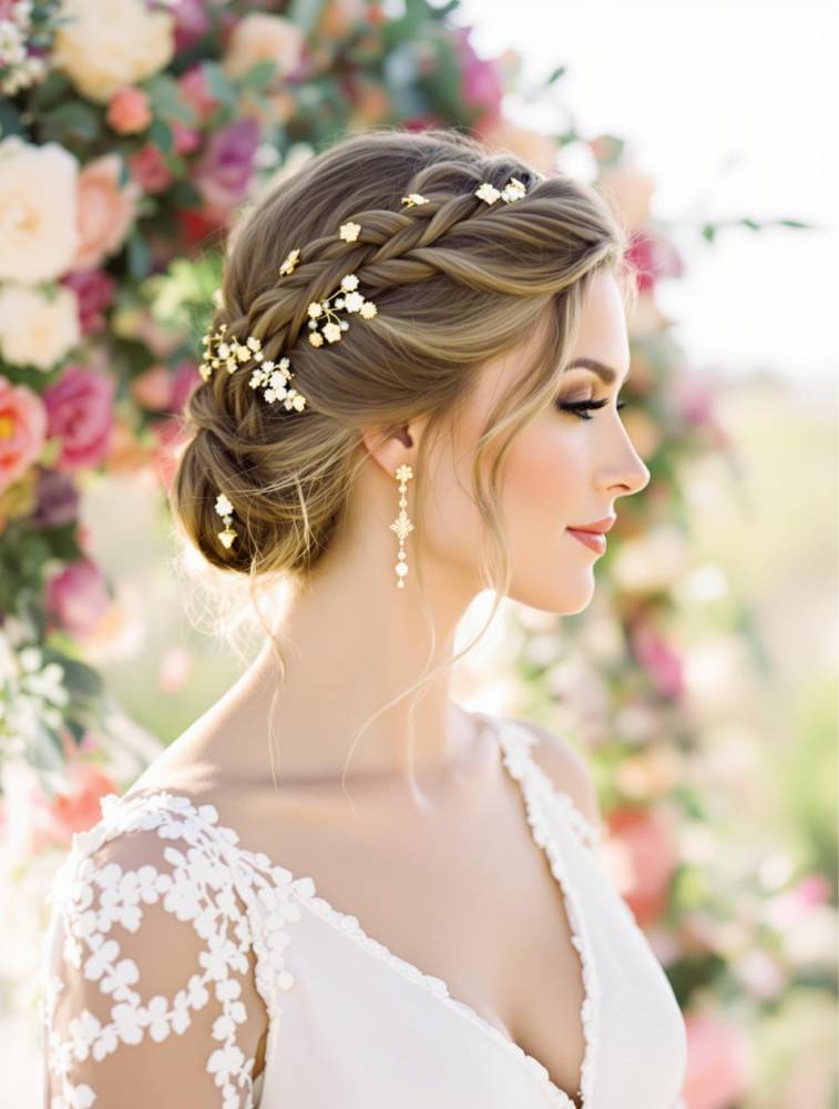 Mariée avec un chignon tressé élégant et accessoires dorés, parfaite pour un mariage chic.