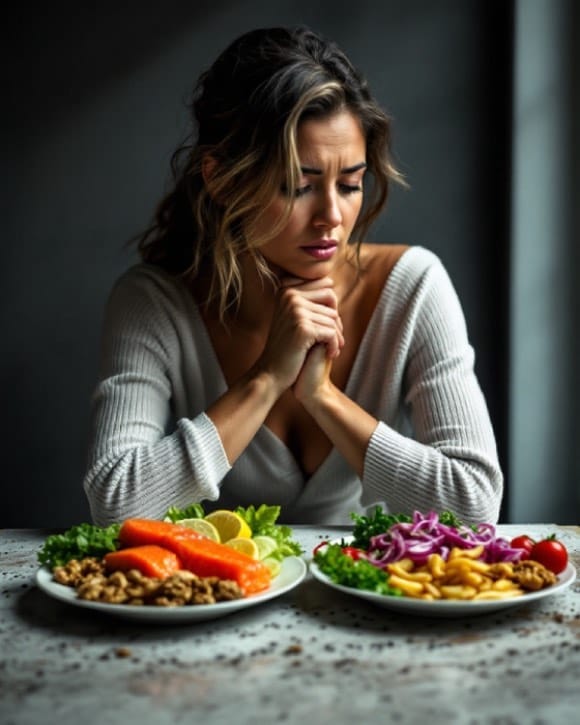 Femme réfléchissant entre deux assiettes, l’une avec des aliments riches en oméga-3 comme le saumon et les noix, l’autre avec de la malbouffe, soulignant l’importance des oméga-3 pour la santé
