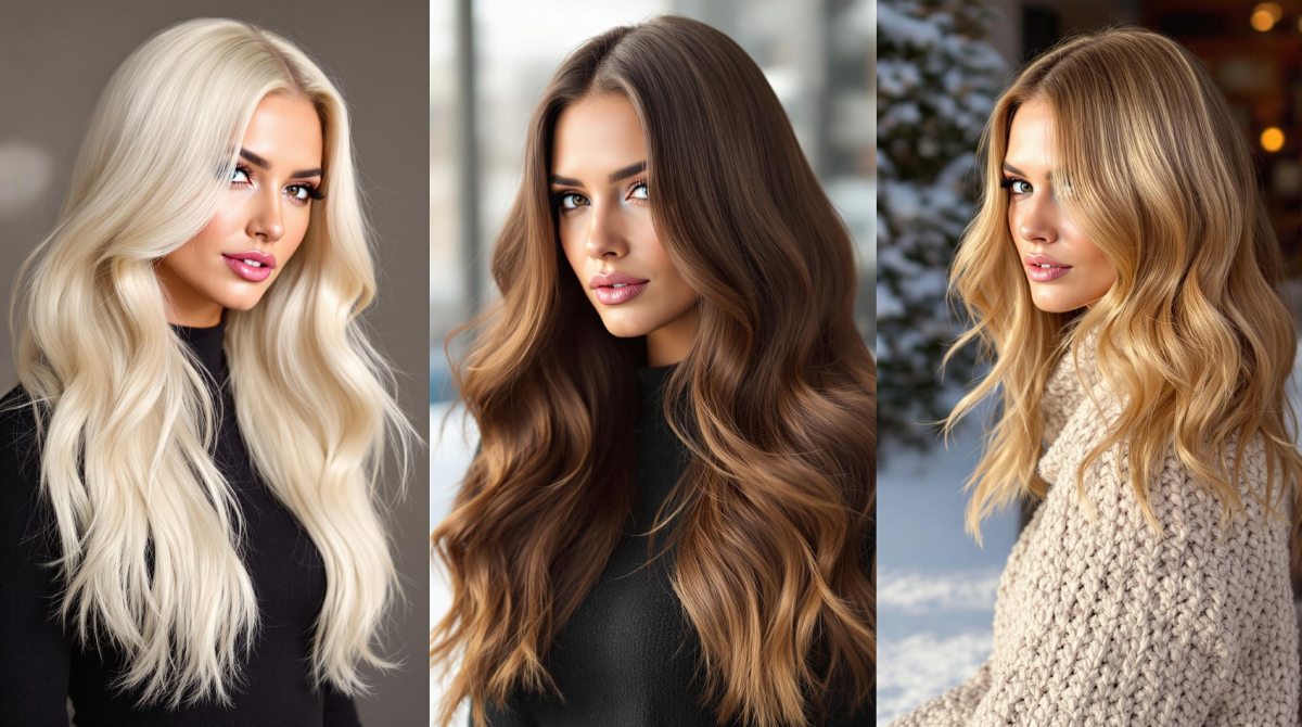 Trois femmes arborant les colorations tendance de cet hiver : balayage miel, brun chocolat et blond polaire