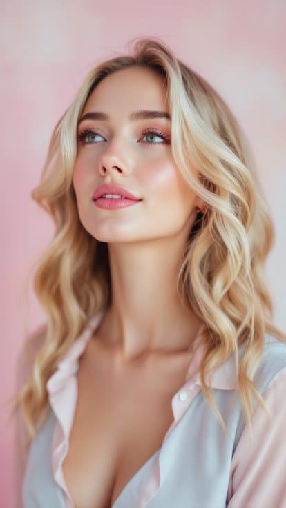 Femme blonde portant une tenue pastel, avec un look élégant et harmonieux, idéal pour sublimer les cheveux blonds en hiver.