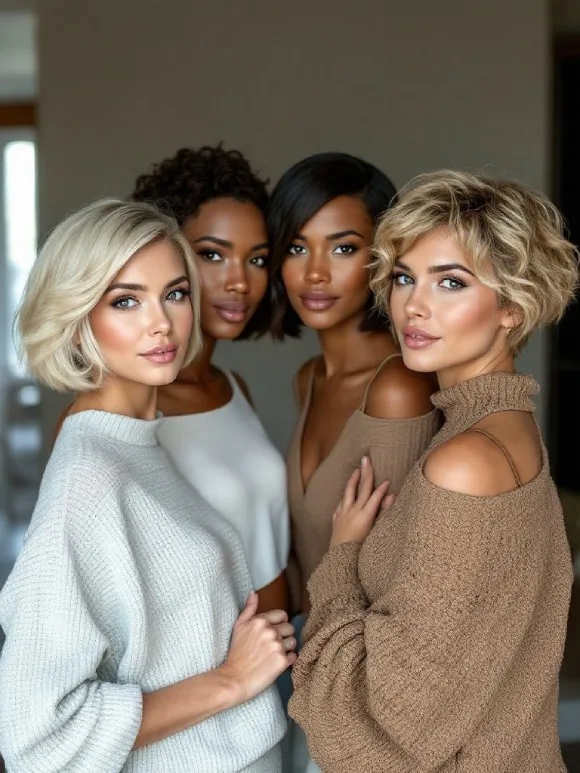 Quatre femmes élégantes avec des coupes courtes inspirées des célébrités, illustrant les styles modernes du carré court