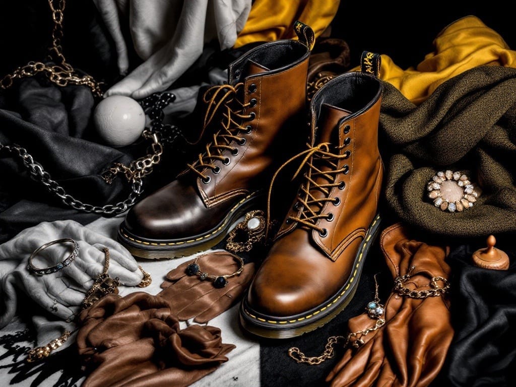 Dr. Martens classiques en gros plan, entourées d’accessoires punk vintage et d’éléments de mode moderne, symbolisant l’évolution de ces bottes iconiques