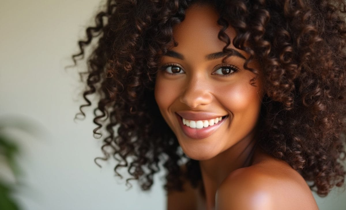 Gros plan d’une femme aux boucles bien définies et brillantes, avec des cheveux volumineux et hydratés, capturant la beauté naturelle des cheveux bouclés.