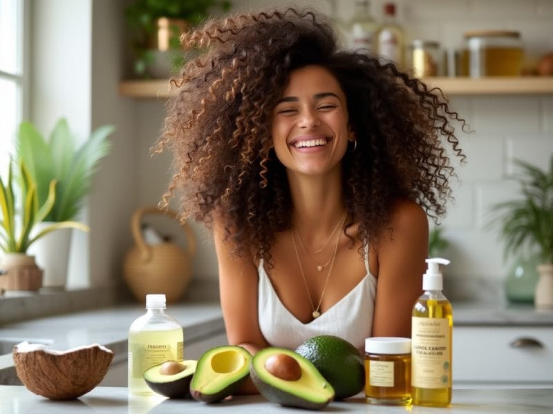 Femme joyeuse avec des boucles volumineuses, entourée d’huiles naturelles comme l’huile de coco et d’avocat, montrant une routine de soins capillaires naturels pour les cheveux bouclés.