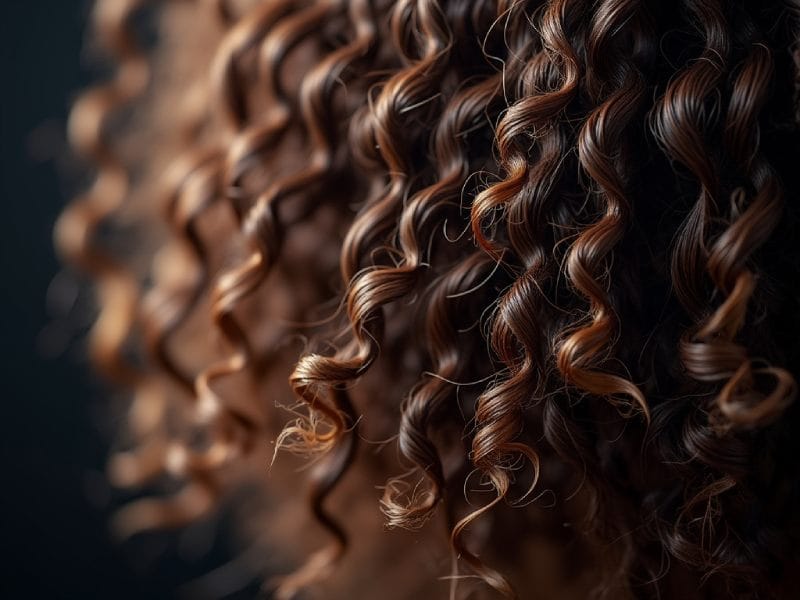 Gros plan de boucles bien hydratées, montrant chaque détail et brillance des mèches, avec un éclairage contrasté qui fait ressortir la texture et la santé des cheveux.