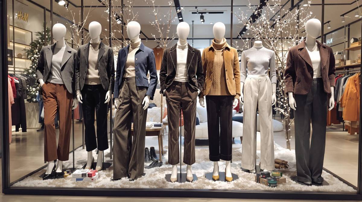 Collection de pantalons chauds et élégants exposée dans une boutique H&M pour l’hiver