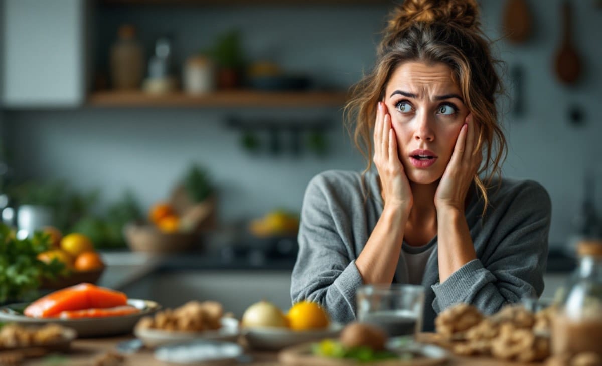 Femme avec une expression choquée, entourée d’aliments riches en oméga-3 comme le saumon, les noix et les graines de chia, découvrant l’importance de ces nutriments pour sa santé