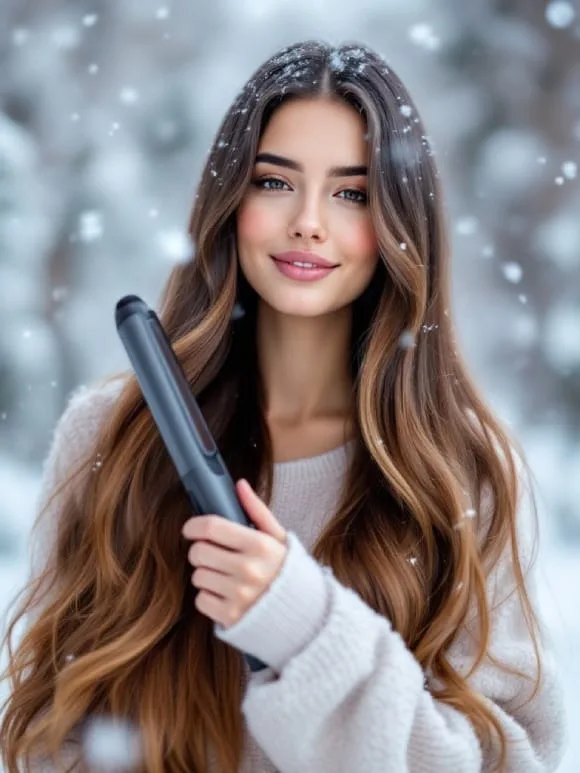 Cheveux lisses et soyeux protégés par un lisseur haute technologie dans un cadre hivernal, parfait pour les cheveux fragilisés en hiver
