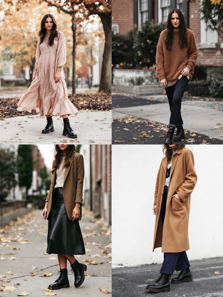 Quatre looks différents avec Dr. Martens pour l’automne-hiver : robe fluide, jean slim, jupe en cuir, pantalon large, illustrant la polyvalence de la tendance