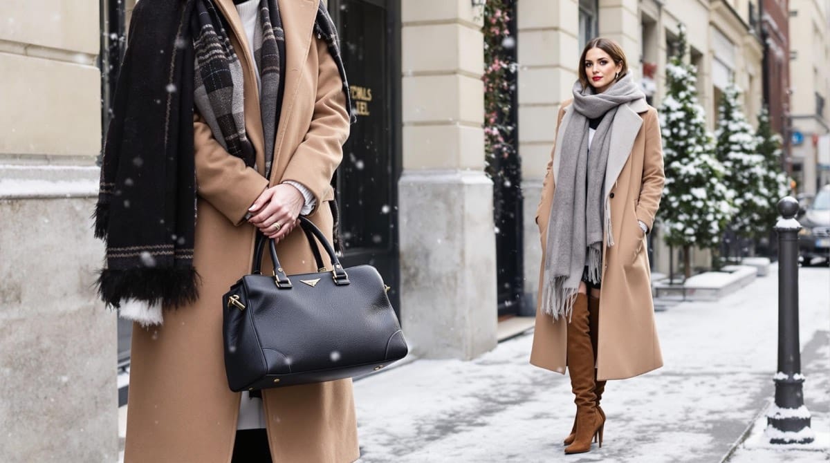 Femme portant un manteau long camel avec des bottes hautes en cuir, combinant élégance et style pour l’hiver