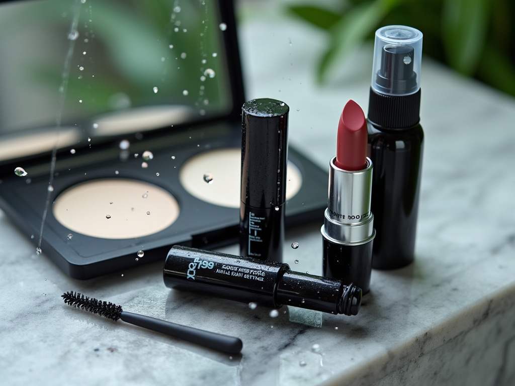 Essentiels de maquillage waterproof, incluant mascara et rouge à lèvres mat pour un look résistant à la pluie