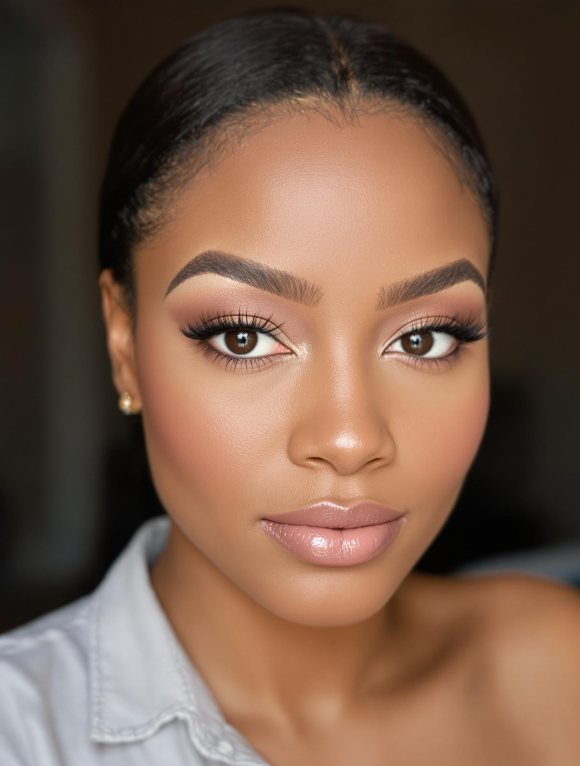 Femme au visage ovale maquillée avec un contouring subtil, un highlighter et un rouge à lèvres nude
