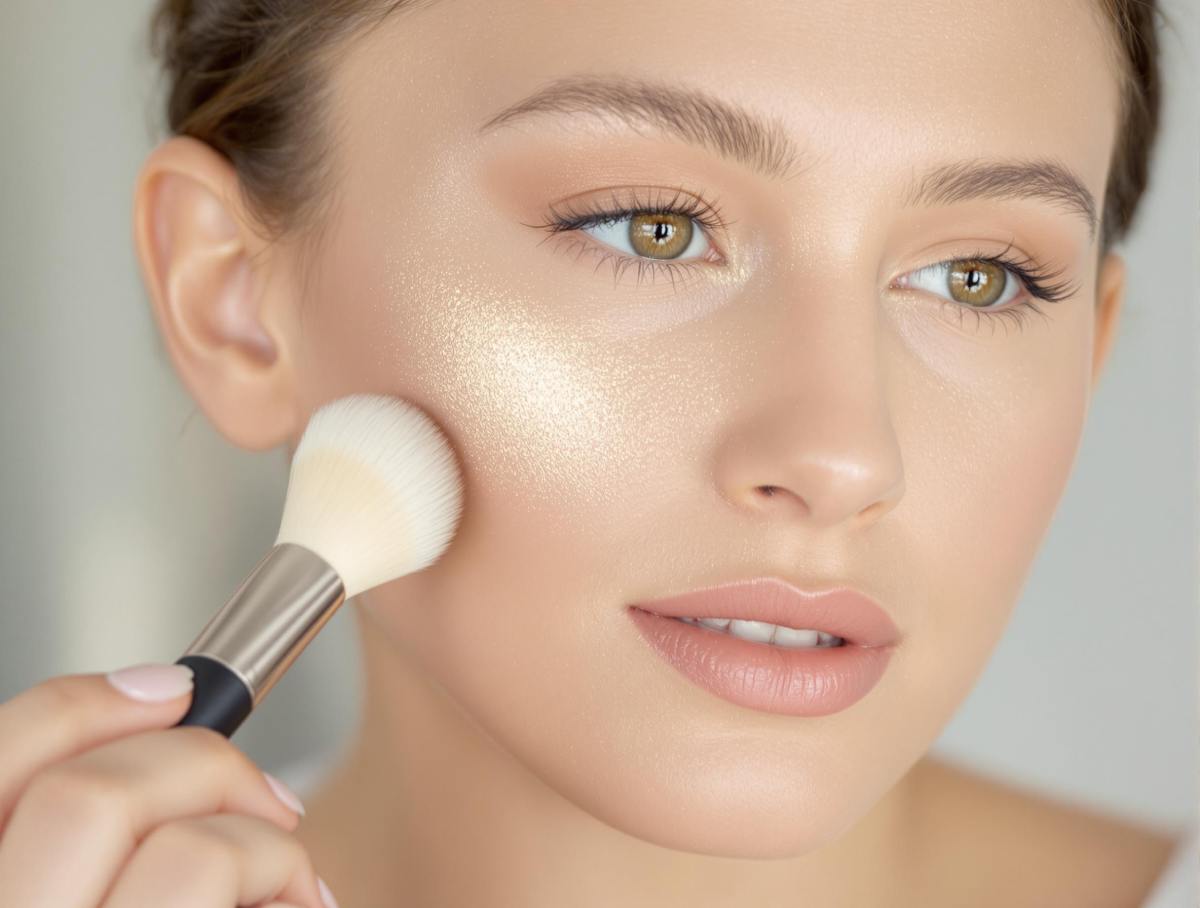 Femme au visage ovale appliquant un highlighter sur ses pommettes avec un pinceau