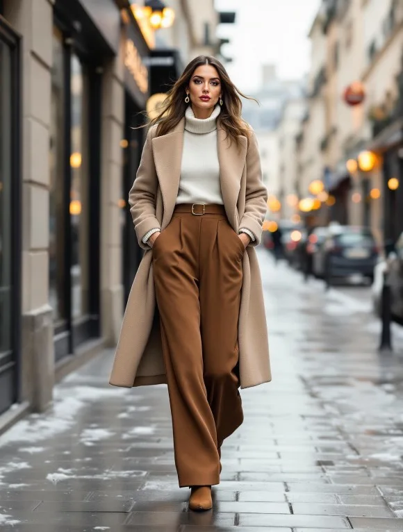 Femme élégante portant un pantalon palazzo avec un manteau long, incarnant la tendance chic de l’hiver 2024-2025