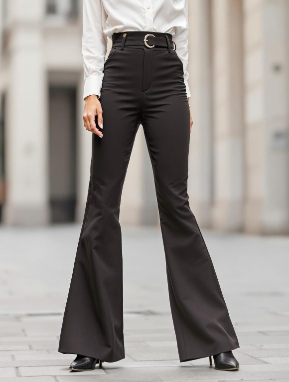 Femme élégante portant un pantalon taille haute et des talons pour un look moderne et élancé