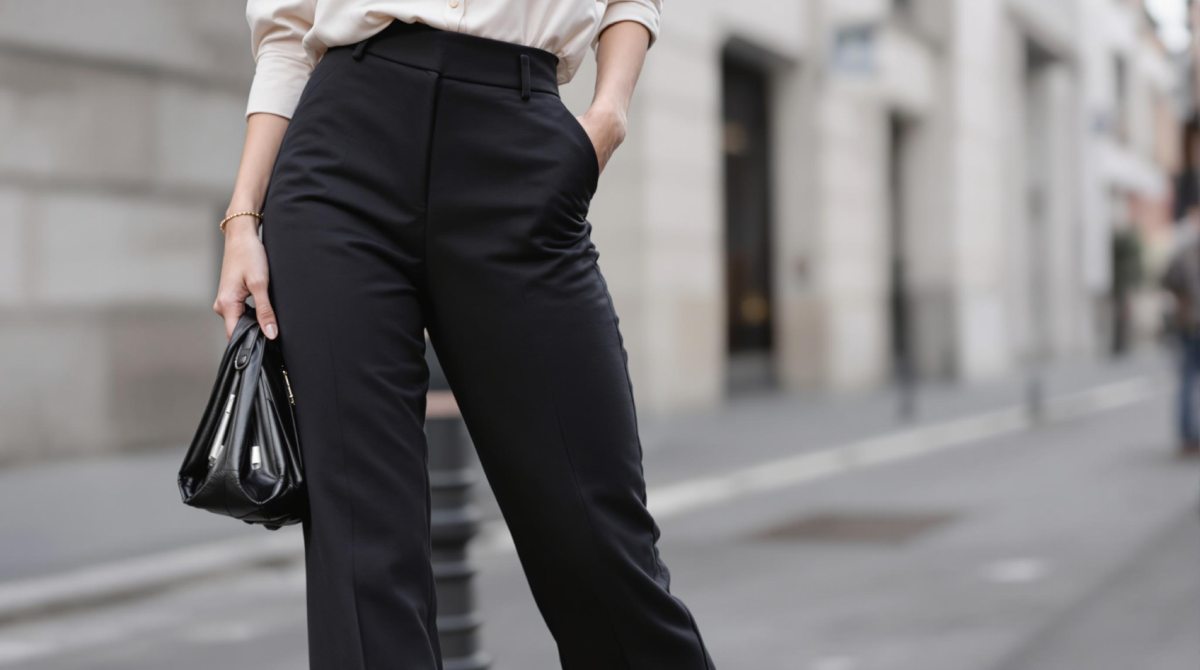Femme élégante portant un pantalon taille haute et des talons pour un look moderne et élancé