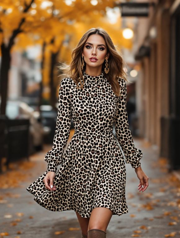 Femme portant une robe évasée à imprimé léopard Mango, élégante et tendance.
