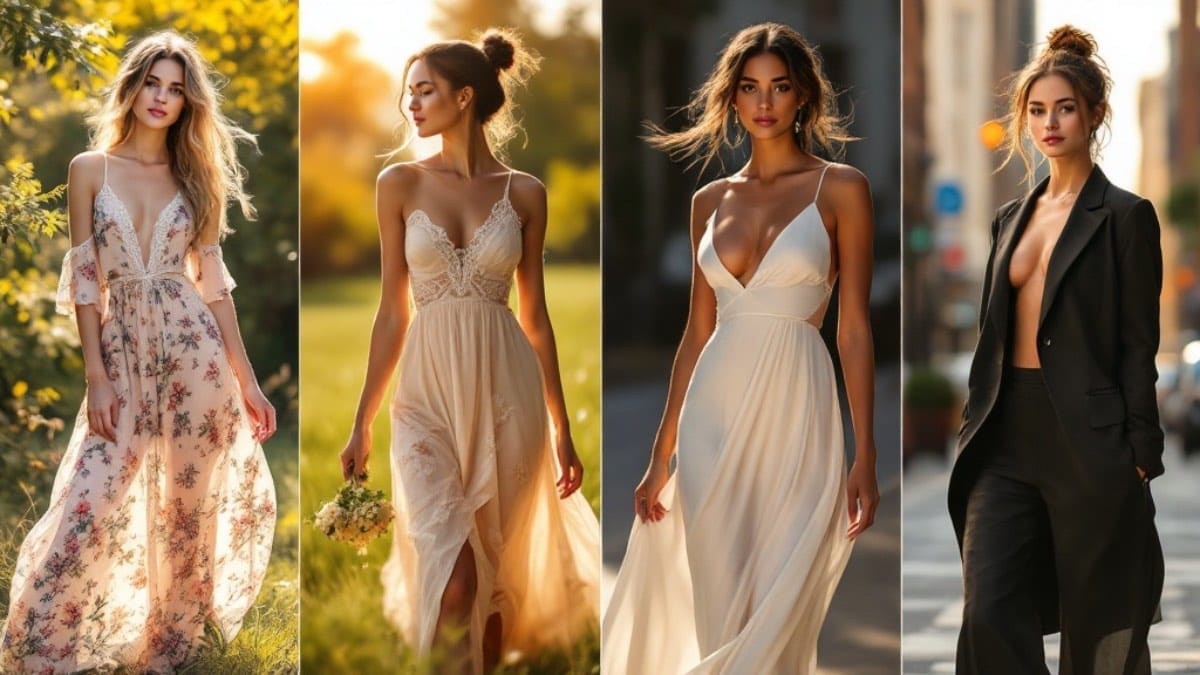 Quatre femmes présentant les tendances robes 2025 : robe maxi bohème, asymétrique, nuisette et blazer, capturant l’essence audacieuse et élégante de l’année