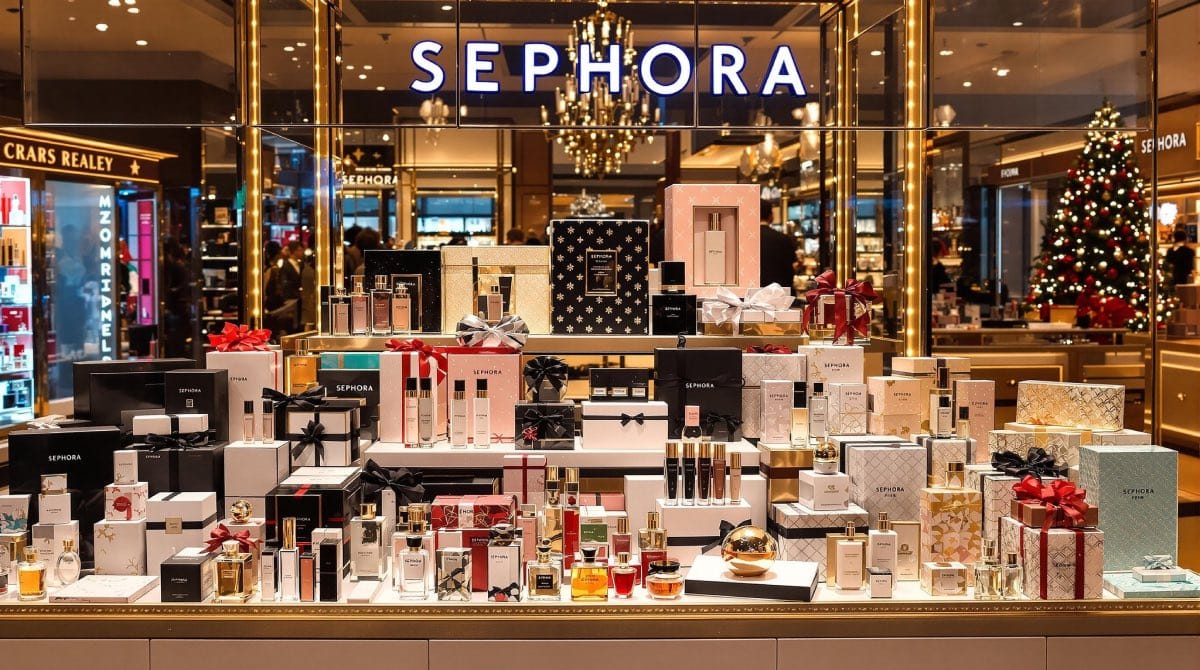 Présentoir Sephora avec parfums et coffrets cadeaux en promotion, ambiance festive