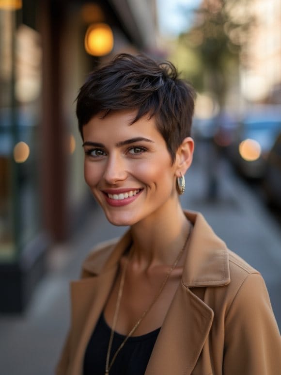 Femme élégante avec coupe courte tendance 2024, portant un style pixie ou bob moderne