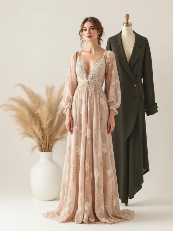 Portrait d’une femme en robe maxi bohème, illustrant les tendances robes 2025 avec élégance et charme, entourée d’éléments de style asymétrique et blazer