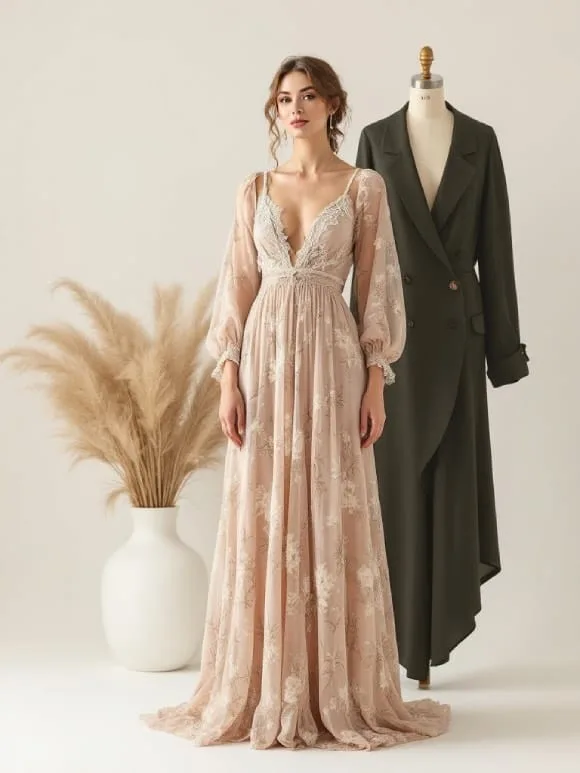 Portrait d’une femme en robe maxi bohème, illustrant les tendances robes 2025 avec élégance et charme, entourée d’éléments de style asymétrique et blazer