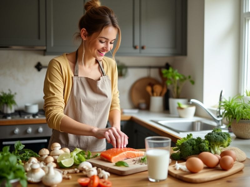 Femme cuisinant des ingrédients riches en vitamine D, comme le saumon et les champignons, pour une alimentation équilibrée