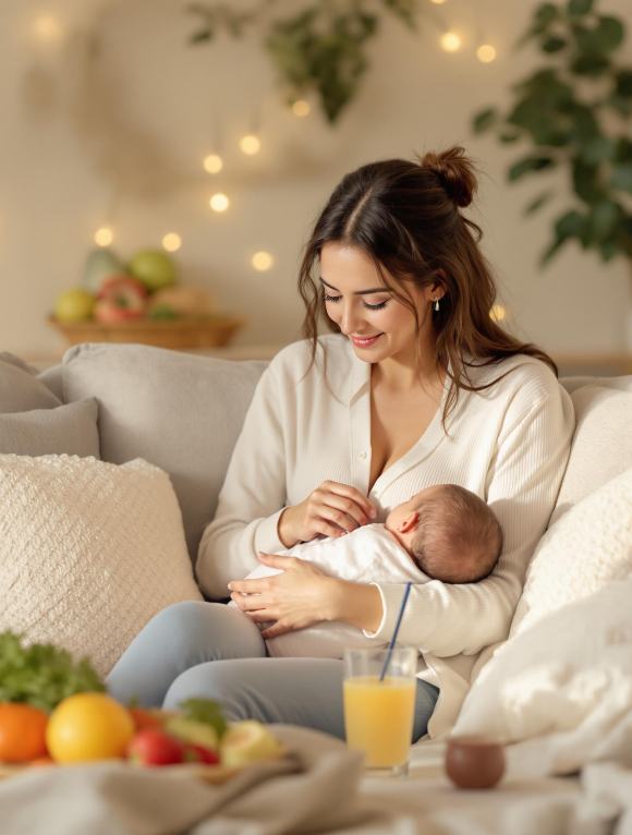 Maman allaitant son bébé dans une ambiance chaleureuse, entourée d'éléments nutritionnels sains.