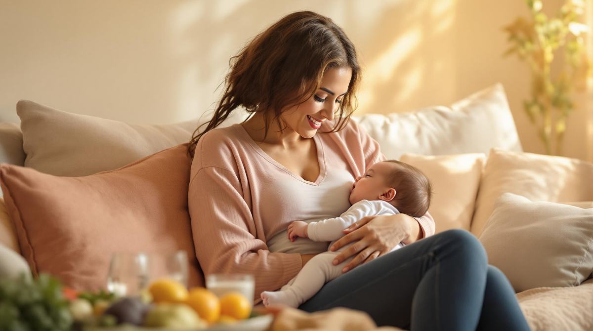 Maman allaitant son bébé dans une ambiance chaleureuse, entourée d'éléments nutritionnels sains.